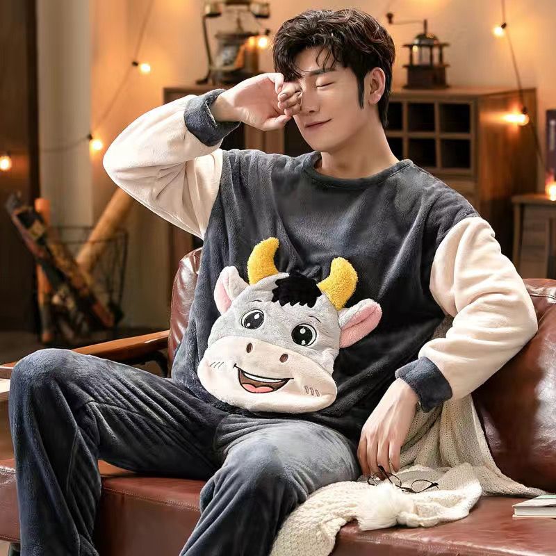Autumn and winter pajamas men's coral fleece thickened plus velvet flannel large size teenager winter cartoon home service suit