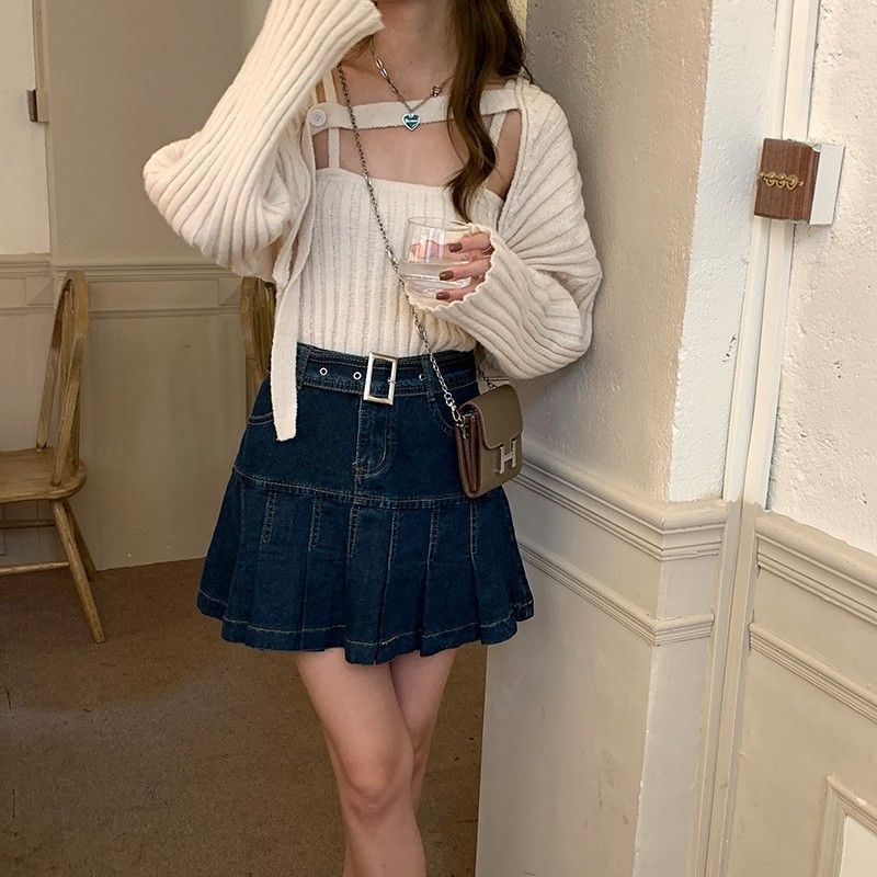 Retro denim skirt female  summer new Korean style student loose all-match slim denim pleated skirt trend