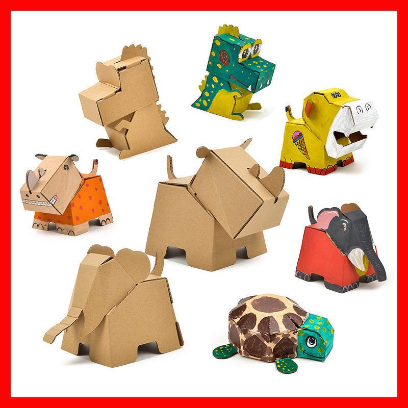儿童手工diy涂色纸盒动物纸板填色小乌龟长颈鹿纸箱老虎拼装玩具