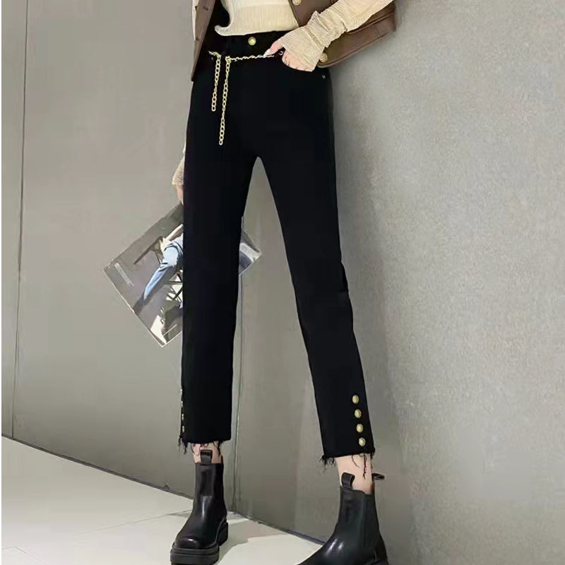 欧货时尚抓绒冬新款裤脚纽扣设计感小香风直筒牛仔裤女九分烟管裤【3
