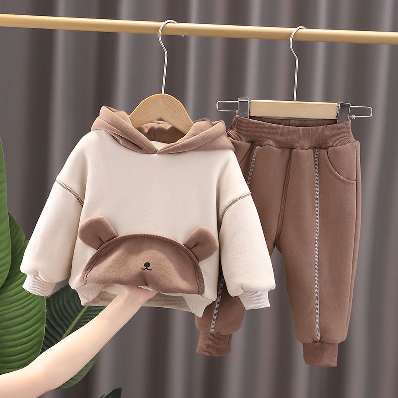 Boys fleece suit winter new baby foreign style thickened sweater children's clothing children's autumn and winter trendy handsome two-piece set