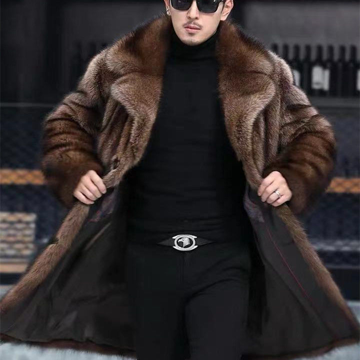 冬季新款男士貂皮大衣长款整张貂加厚皮毛一体仿水貂绒大码潮外套