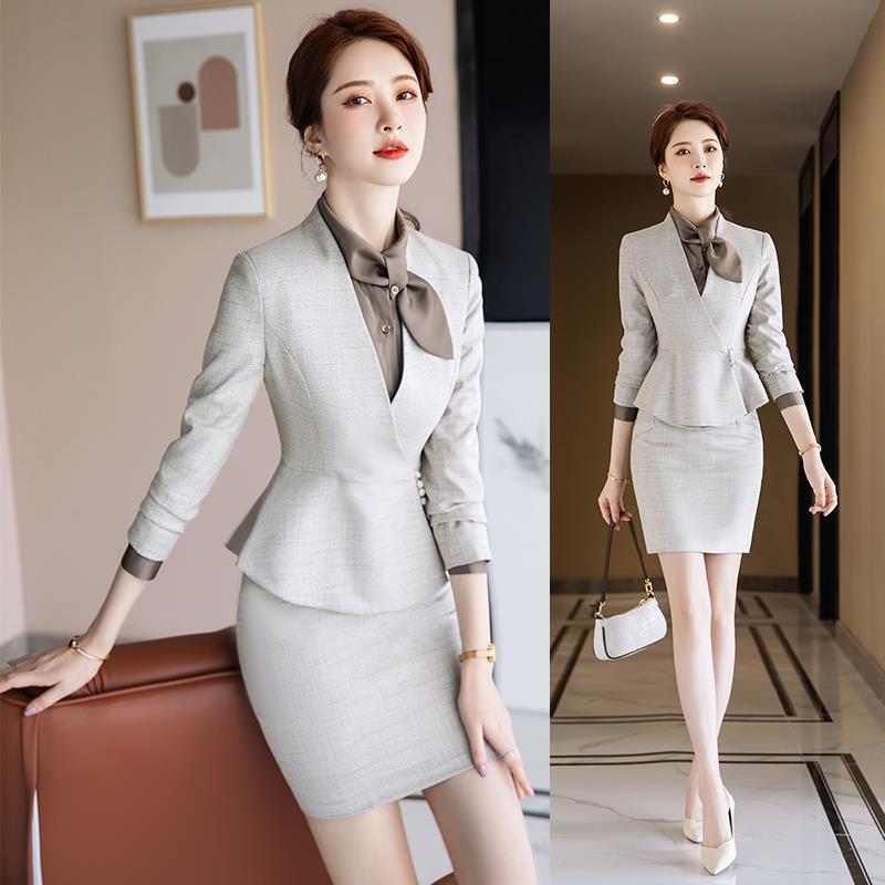 Professional attire, temperament goddess style, long-sleeved beauty salon front desk, fashionable hotel manager sales department jewelry store work clothes