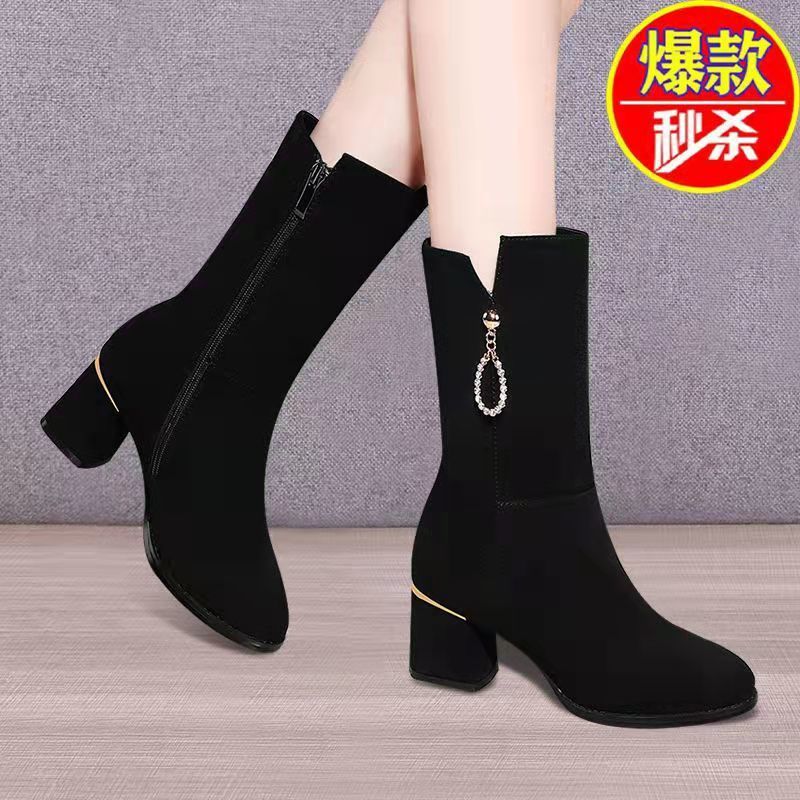 马丁靴女春秋款中筒2021冬季新款加绒加厚女靴子粗跟棉靴雪地靴女