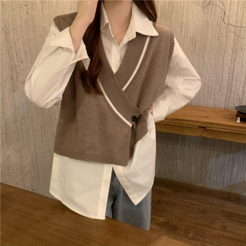 White V-neck knitted vest women's spring and autumn shirts with small vests and short sweaters with vests