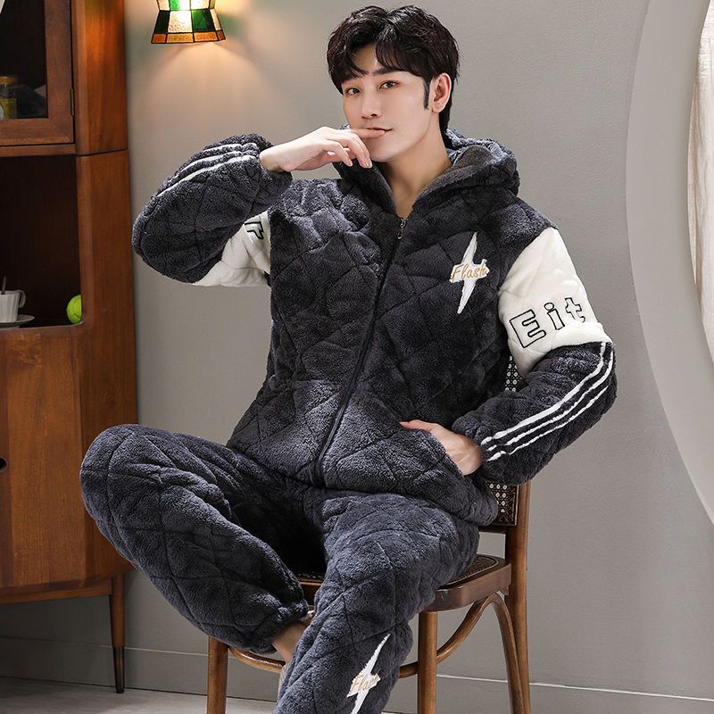 Men's pajamas winter coral fleece thickened plus velvet three-layer padded jacket autumn and winter warm winter home clothes super thick