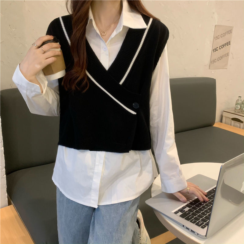 White V-neck knitted vest women's spring and autumn shirts with small vests and short sweaters with vests
