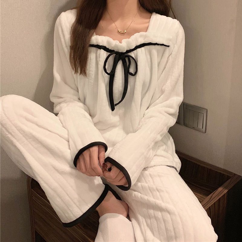 網紅ins小香風新款珊瑚絨睡衣女秋冬季公主風法蘭絨家居服套裝女