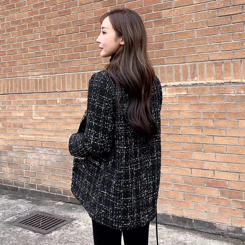 Padded thickened 2022 spring and autumn women's loose plaid woolen coat small fragrant style thick flower celebrity splicing small suit