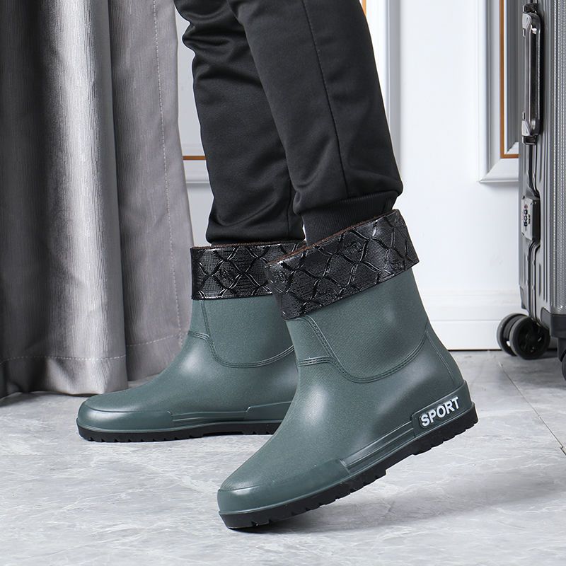 Men's rain boots medium and high rain boots flat waterproof plus velvet thickened rubber shoes non-slip fashion work shoes fishing shoes
