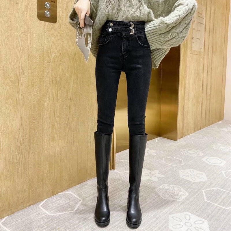 2023 spring new high-waisted jeans women's all-match self-cultivation slimming tight elastic feet nine-point pants