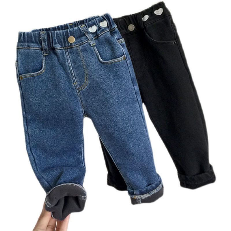 Girls' one-piece velvet jeans 2023 autumn and winter new baby elastic slim plus velvet pencil pants children's warm pants