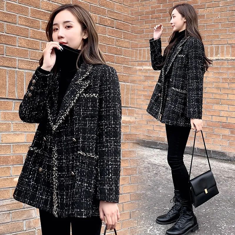 Padded thickened 2022 spring and autumn women's loose plaid woolen coat small fragrant style thick flower celebrity splicing small suit