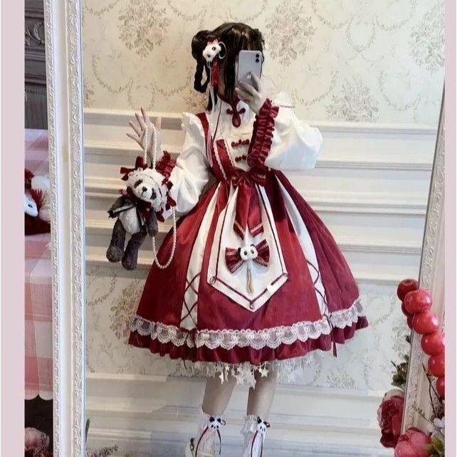 300斤女洛丽塔红旗袍lolita单件连衣裙不搭配蝴蝶结op厨娘新年款