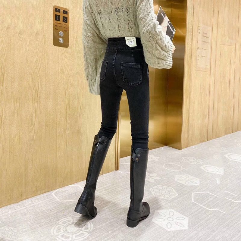 2023 spring new high-waisted jeans women's all-match self-cultivation slimming tight elastic feet nine-point pants