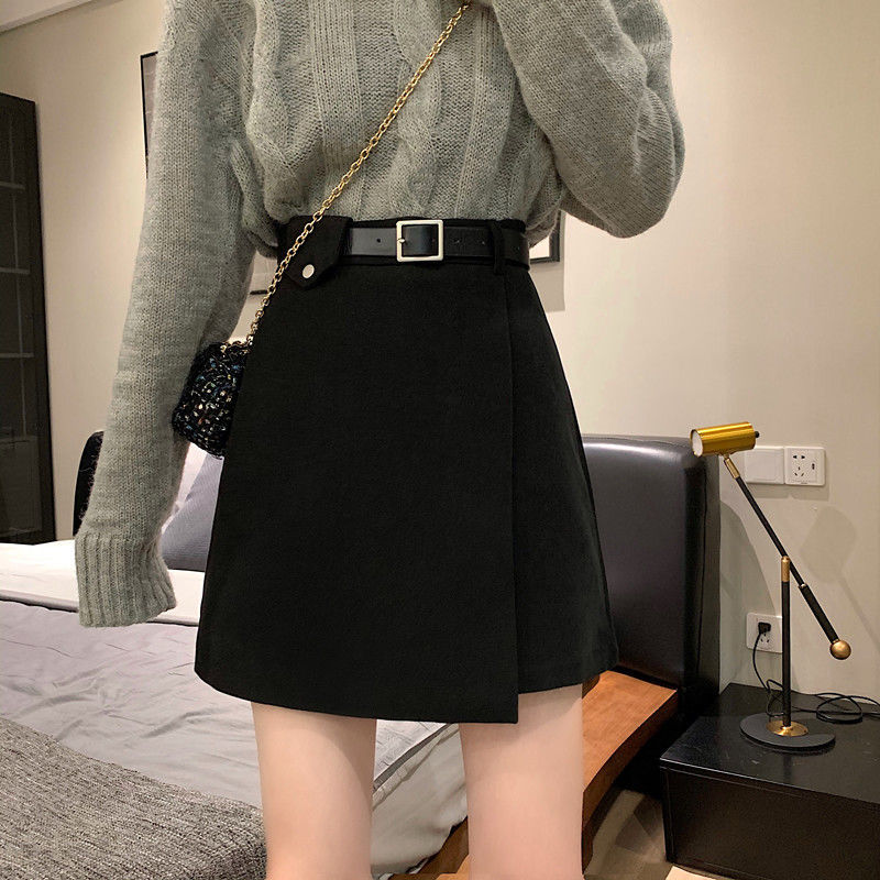 黑色毛呢半身短裙女秋冬季大碼胖mm高腰顯瘦百搭白色包臀a字裙子