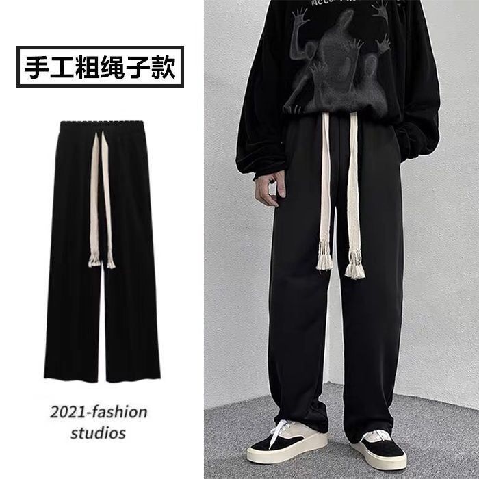 Fried street pants trendy women's loose wide-leg pants autumn net red hand-woven ins plus size men's high street drawstring pants