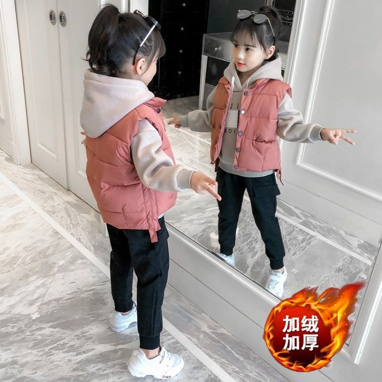 女童加絨加厚套裝兒童秋冬裝2022新款冬裝童裝衛衣女孩網紅三件套