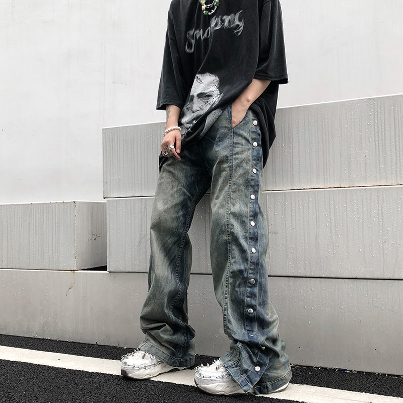 歐美高街水洗做舊排扣牛仔褲男ins潮牌街頭復古寬鬆嘻哈直筒褲潮