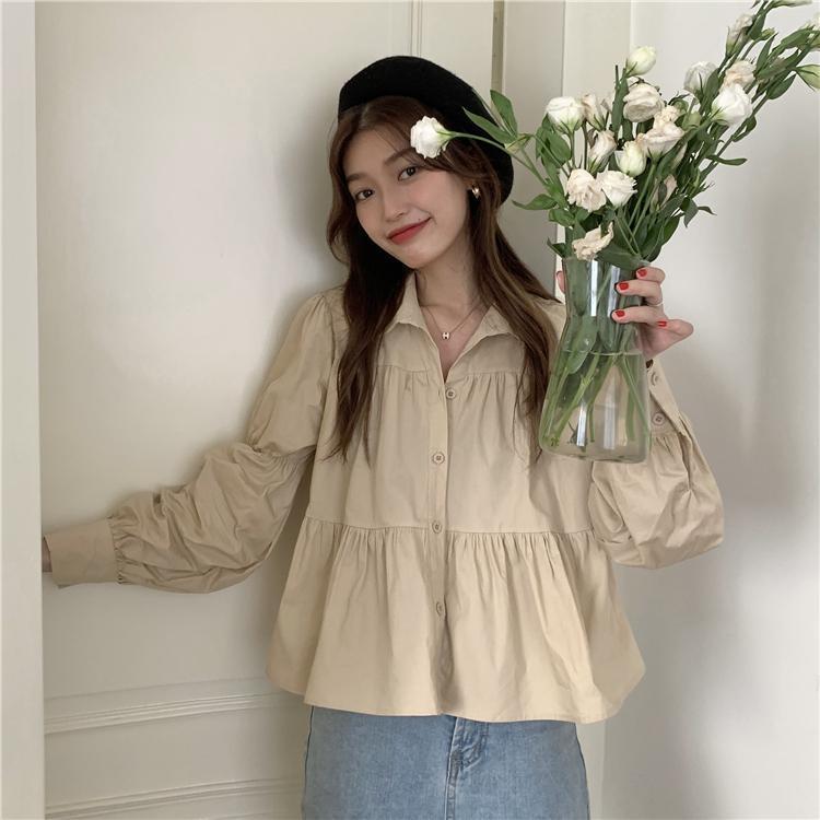  spring and autumn new women's clothing Korean version retro temperament design sense solid color niche long-sleeved shirt