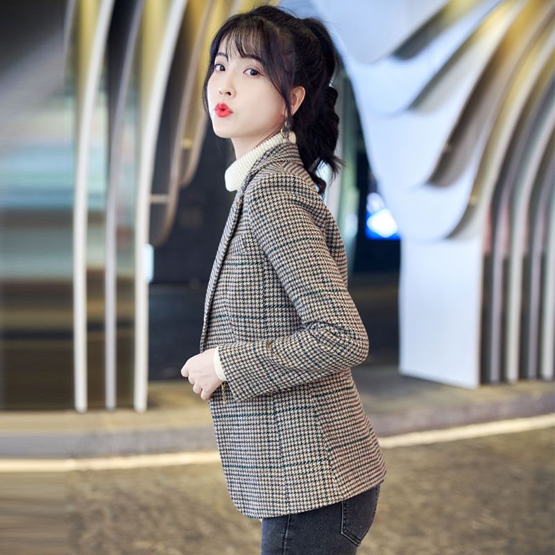 春秋格子西装外套女高级感韩版时尚洋气收腰显瘦矮个子西服呢外套