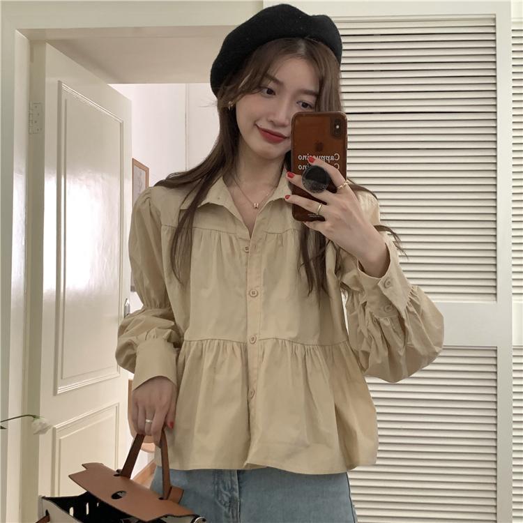  spring and autumn new women's clothing Korean version retro temperament design sense solid color niche long-sleeved shirt