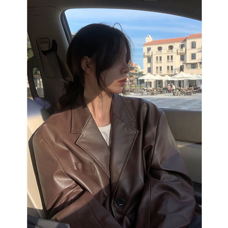 復古港風皮衣西裝女2022春秋新款寬鬆休閒氣質pu皮夾克外套ins潮