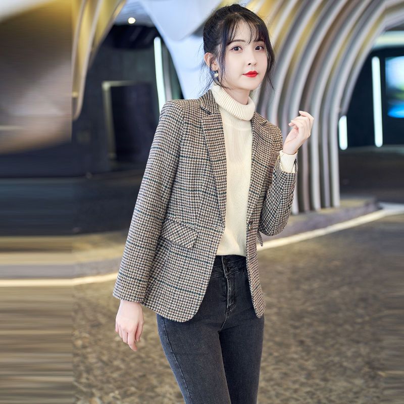 春秋格子西装外套女高级感韩版时尚洋气收腰显瘦矮个子西服呢外套