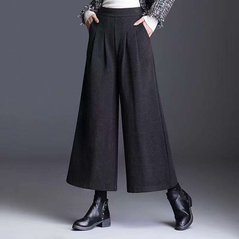 [85-200 catties] autumn and winter new large size woolen loose wide-leg pants high waist elastic nine-point straight leg pants