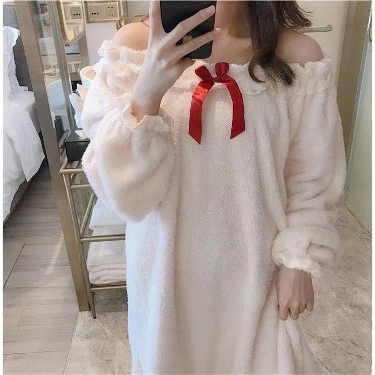 2023 autumn and winter new Korean version cute and sweet princess style pajamas warm home service plus velvet nightdress set