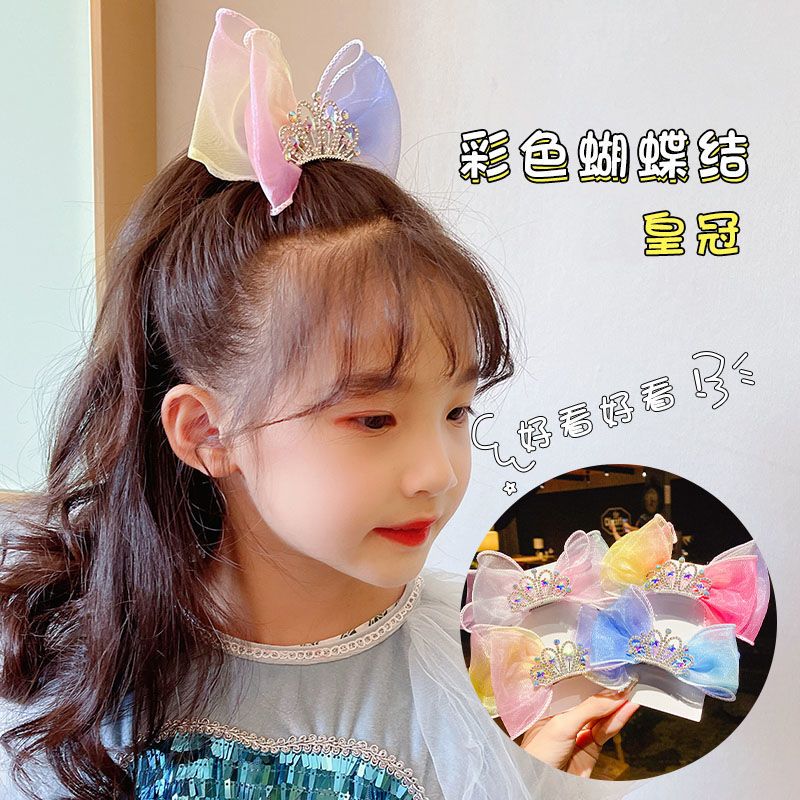 Children's Crown Bow Knot Gradient Mesh Hair Clip Little Princess Cute Big Crown Bow Knot Super Fairy Hair Accessories