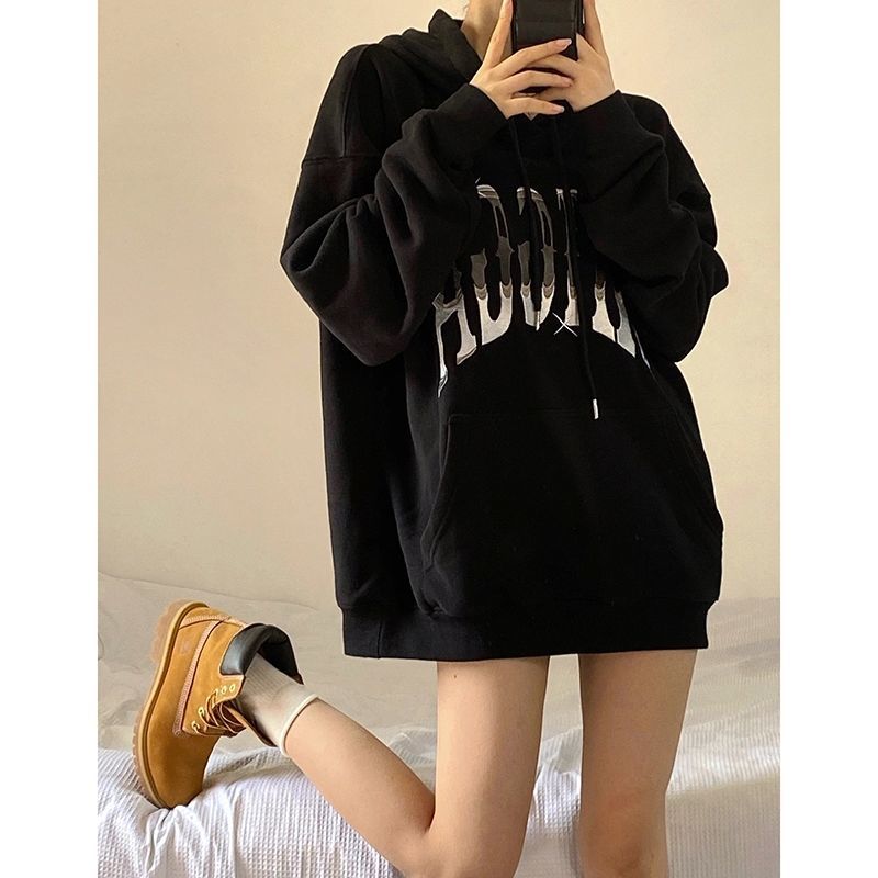 黑色衛衣女學生秋冬加絨款美系oversize寬鬆高街連帽上衣長袖外套