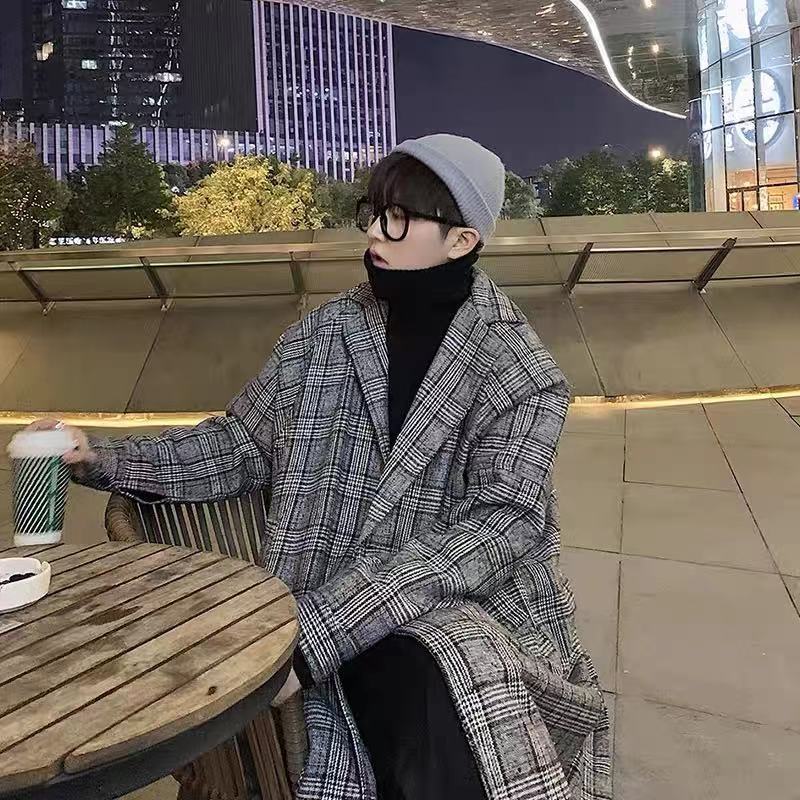 Woolen coat men's mid-length spring and autumn loose handsome woolen windbreaker Korean version trend ins casual plaid coat