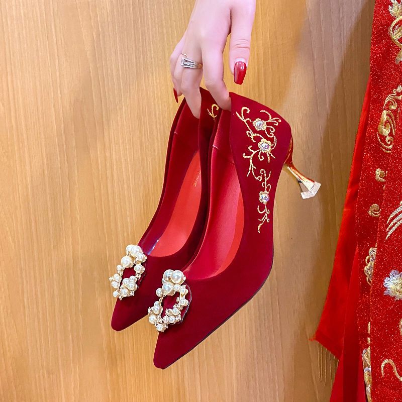 婚鞋女秀禾服婚紗兩穿2021年新款中式新娘鞋紅色高跟鞋孕婦不累腳