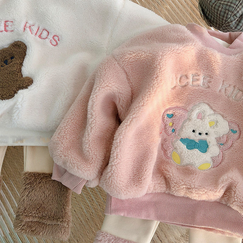 婴童可爱羊羔毛中小童小熊套装2021秋冬装加绒男女宝宝加厚两件套