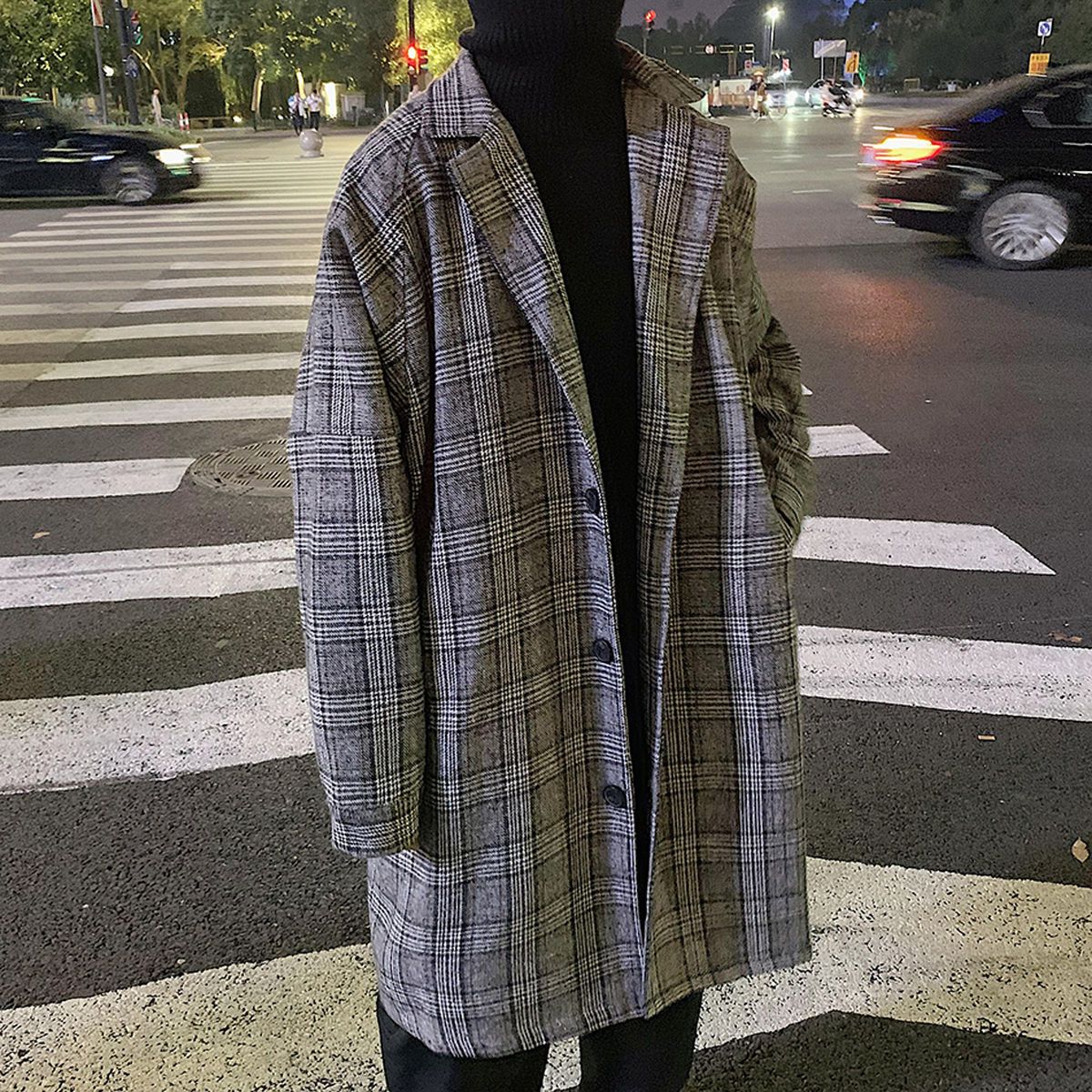 Woolen coat men's mid-length spring and autumn loose handsome woolen windbreaker Korean version trend ins casual plaid coat