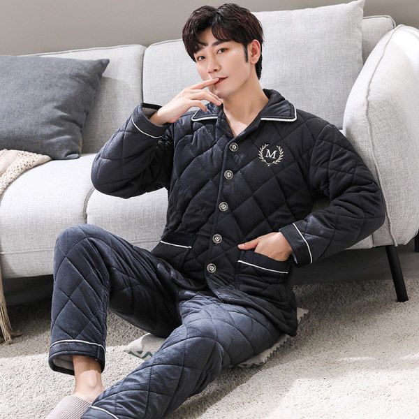 Pajamas men's autumn and winter thickened plus velvet coral fleece three-layer quilted men's warm flannel winter dad home clothes