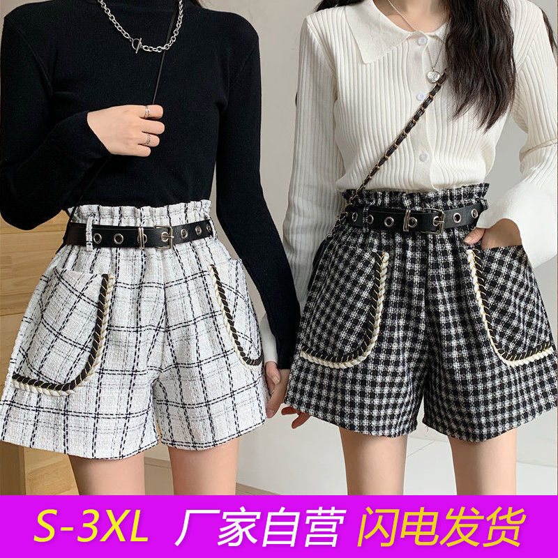 高腰毛呢闊腿短褲女2022春秋新款韓版外穿格子寬鬆顯瘦女士靴褲潮