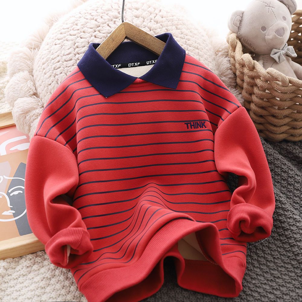 Boys fleece sweater 2021 autumn and winter new children's casual striped POLO shirt foreign style thickened warm top trend