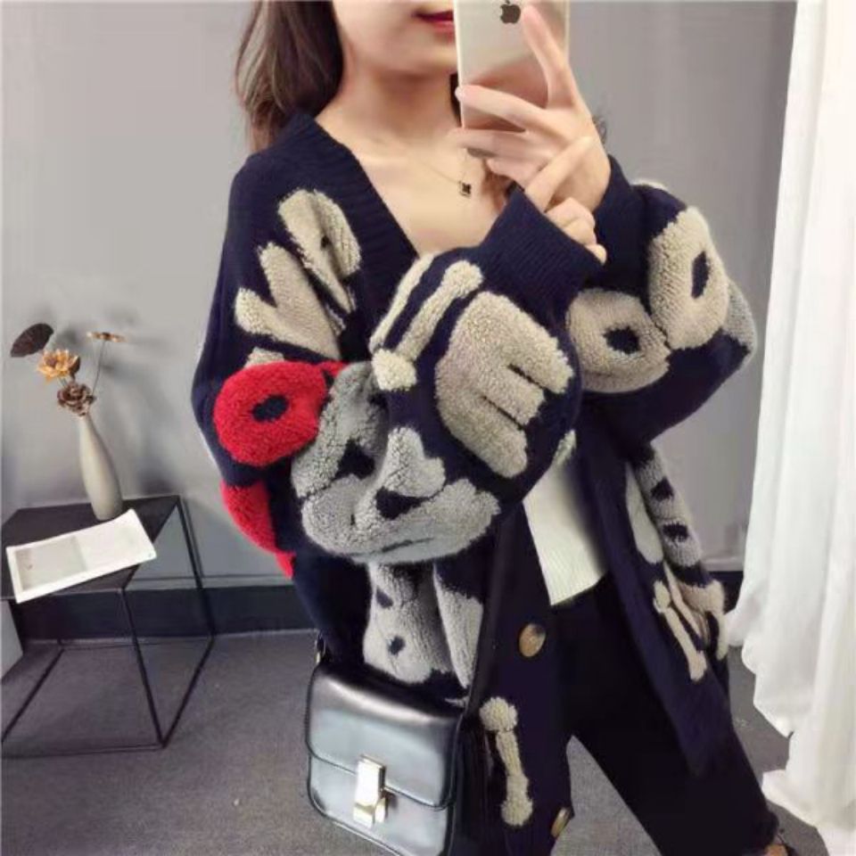 88754-2021新款秋冬韩版中长款毛衣外套宽松女开衫百搭网红加厚慵懒风潮-详情图