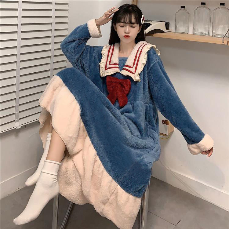 睡衣女過膝睡裙珊瑚絨冬季加厚加絨2021新款長袖卡通法蘭絨家居服