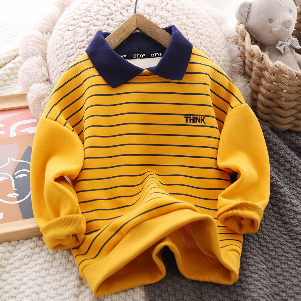 Boys fleece sweater 2021 autumn and winter new children's casual striped POLO shirt foreign style thickened warm top trend