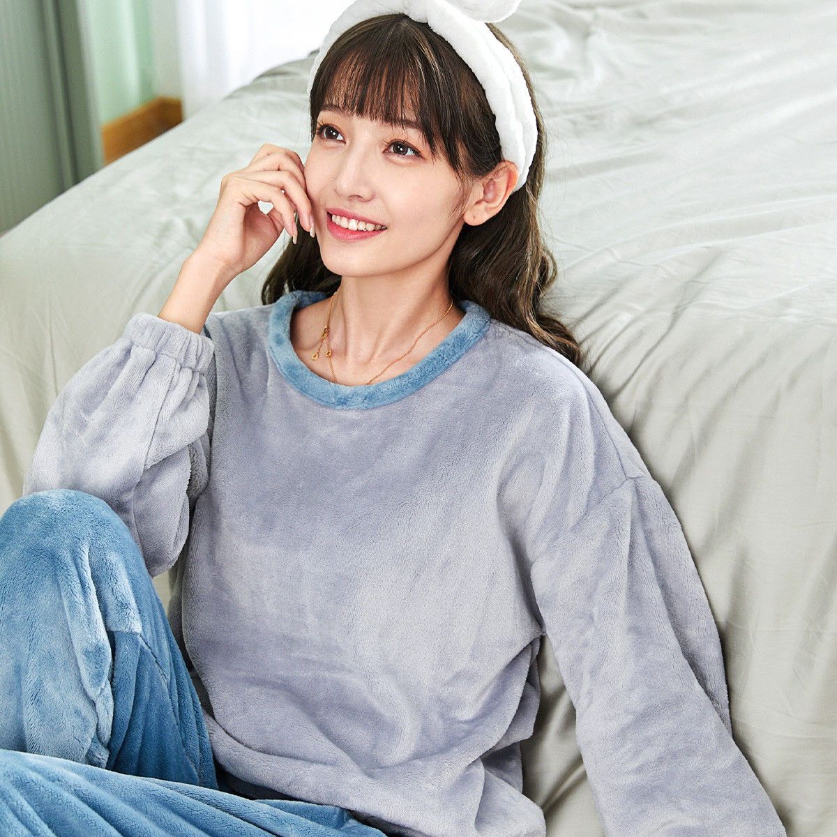 88756-都市丽人旗舰店睡衣女秋冬亲肤柔软法兰绒撞色长袖家居服套装-详情图