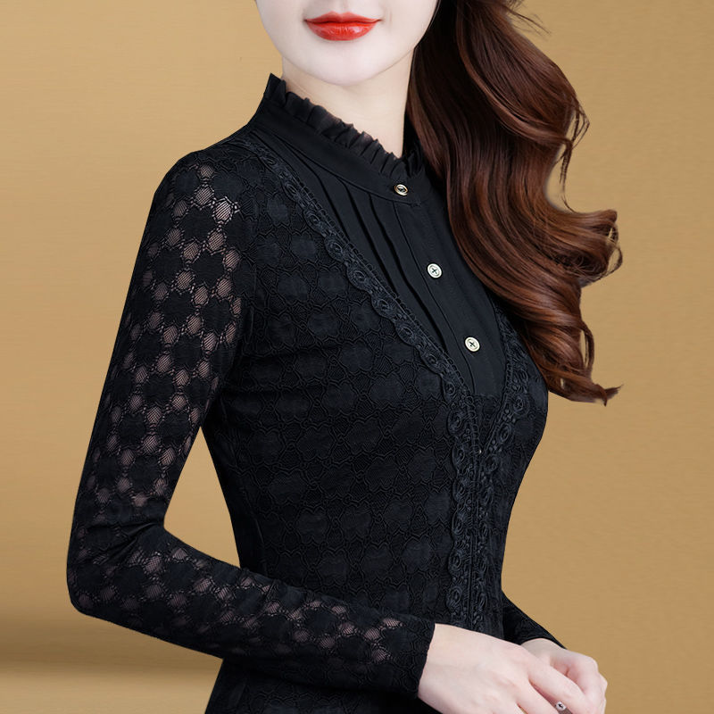 【加絨/不加絨】秋季上衣女2023新款蕾絲雪紡長袖打底衫顯瘦內搭