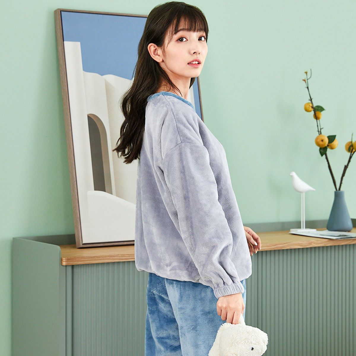 88756-都市丽人旗舰店睡衣女秋冬亲肤柔软法兰绒撞色长袖家居服套装-详情图