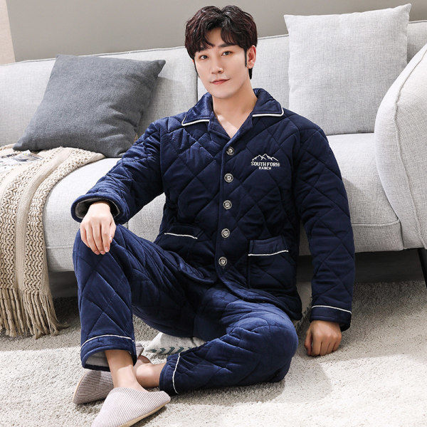 Pajamas men's autumn and winter thickened plus velvet coral fleece three-layer quilted men's warm flannel winter dad home clothes