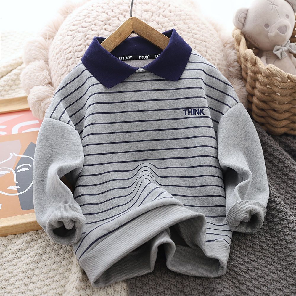 Boys fleece sweater 2021 autumn and winter new children's casual striped POLO shirt foreign style thickened warm top trend