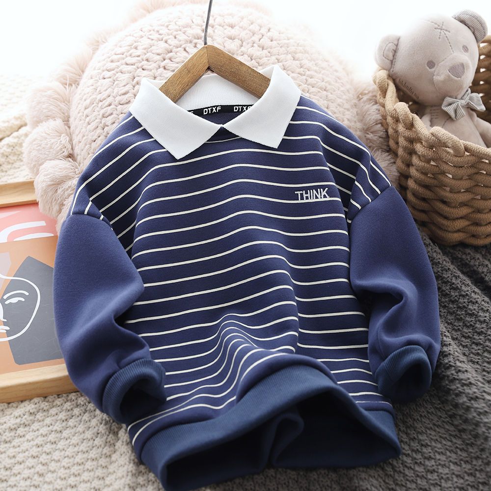 Boys fleece sweater 2021 autumn and winter new children's casual striped POLO shirt foreign style thickened warm top trend