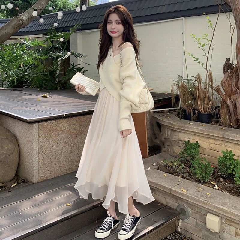時尚套裝女秋冬2023年新款韓版針織毛衣洋氣網紗半身裙炸街兩件套