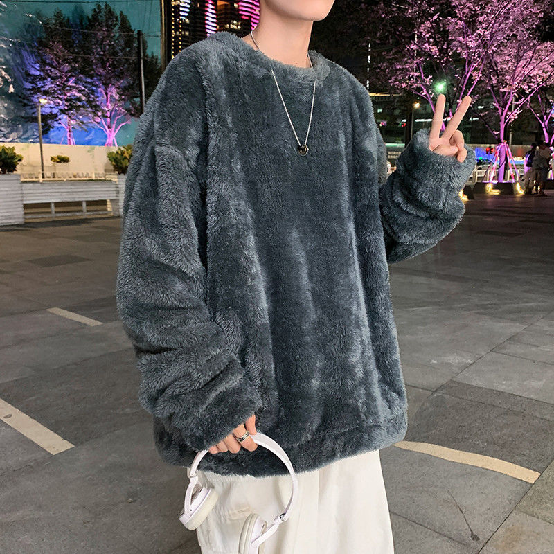 Hong Kong style flannel sweater boys autumn and winter loose Korean version thickened t-shirt inside and outside wear couple t-shirt pajamas jacket